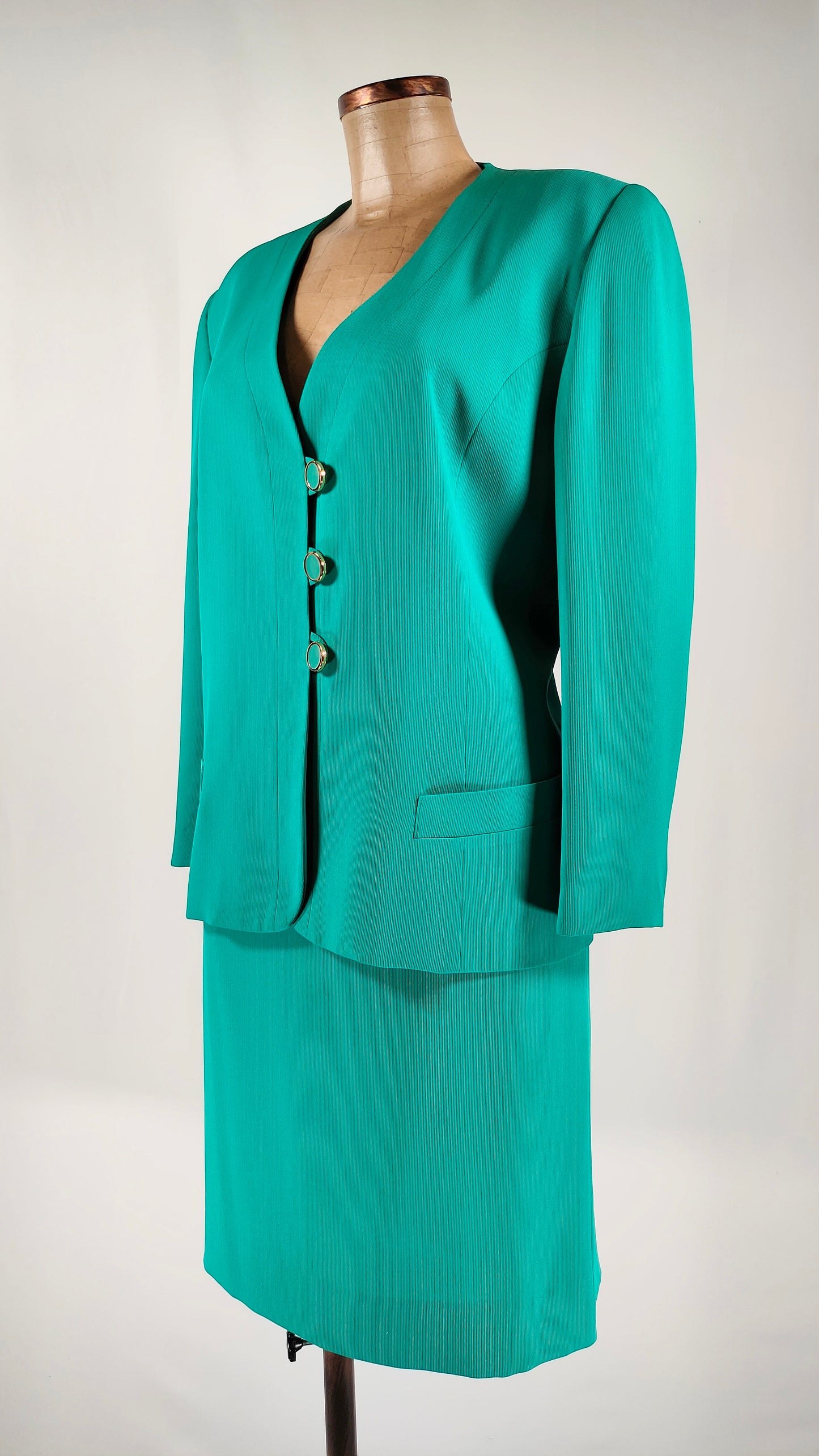 Traje de chaqueta y falda vintage Roset verde