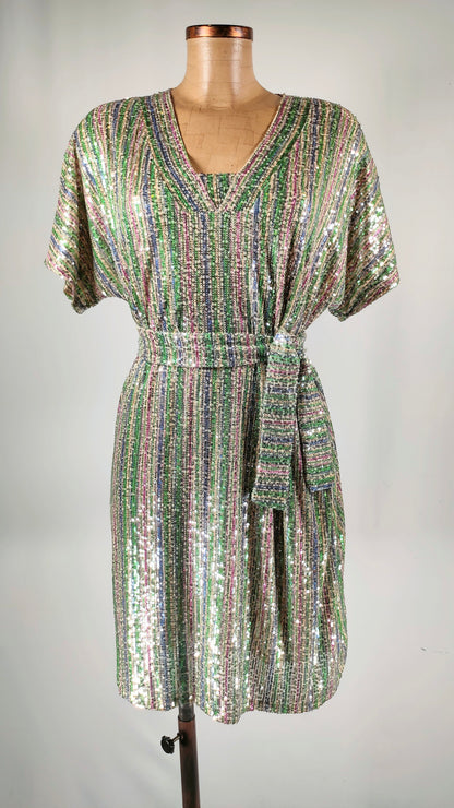 Vestido brillos multicolor con cinturón