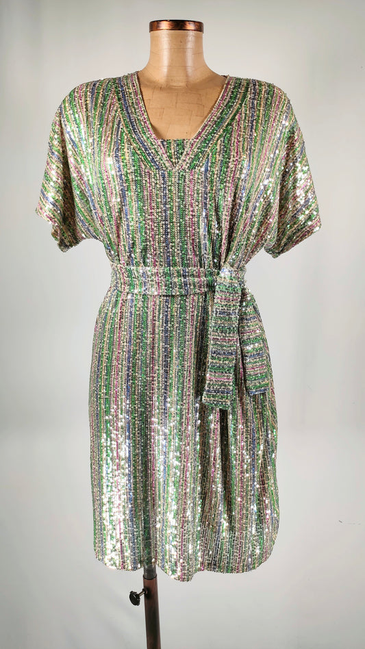Vestido brillos multicolor con cinturón