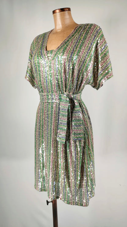 Vestido brillos multicolor con cinturón