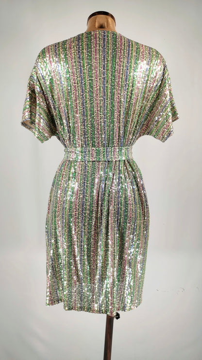 Vestido brillos multicolor con cinturón