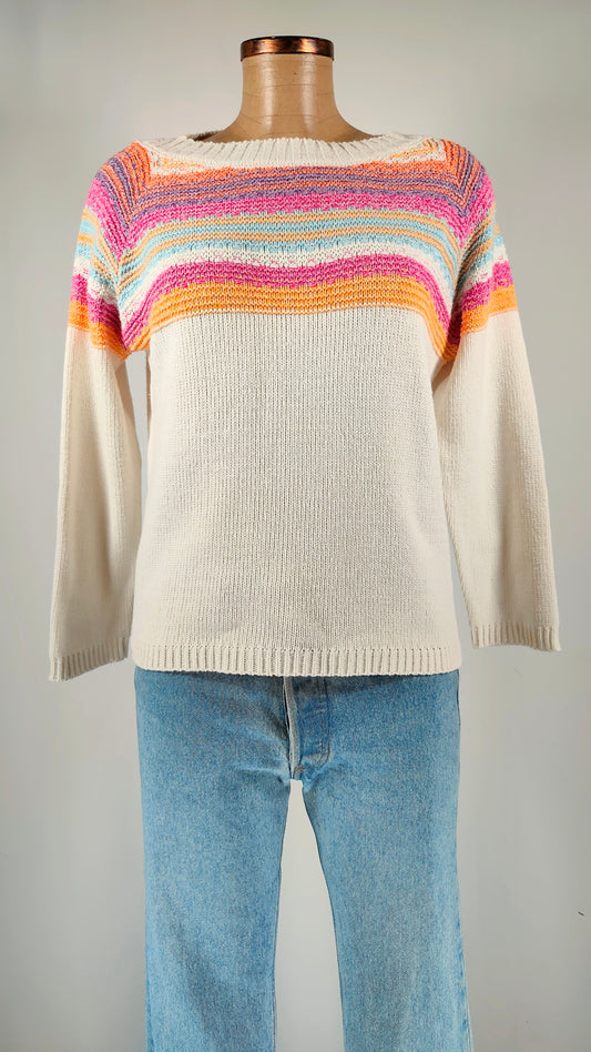 Jersey de algodón beige con adorno multicolor