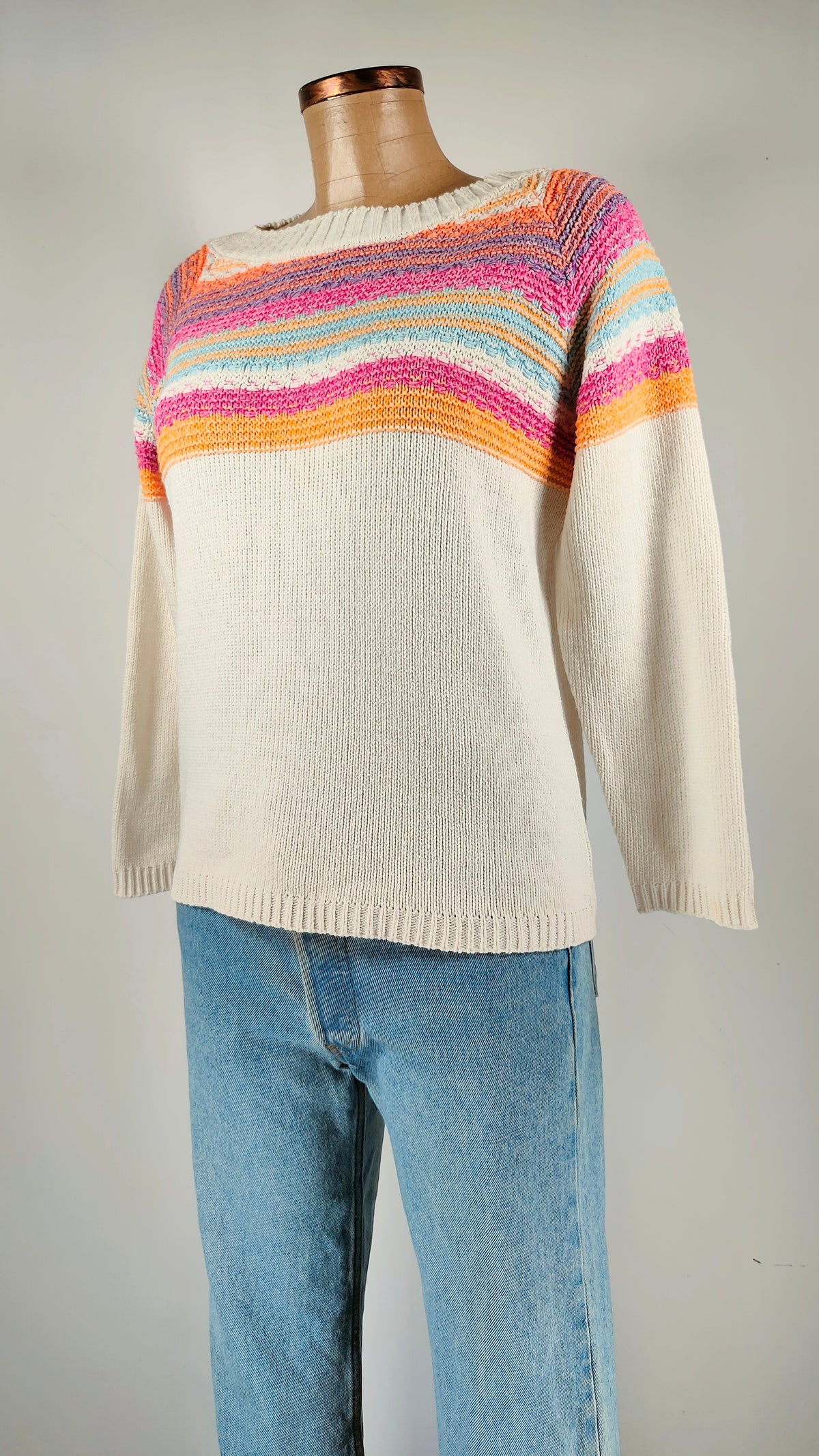 Jersey de algodón beige con adorno multicolor