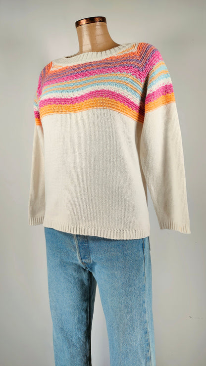 Jersey de algodón beige con adorno multicolor