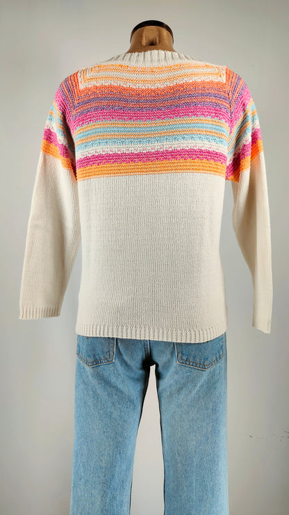 Jersey de algodón beige con adorno multicolor